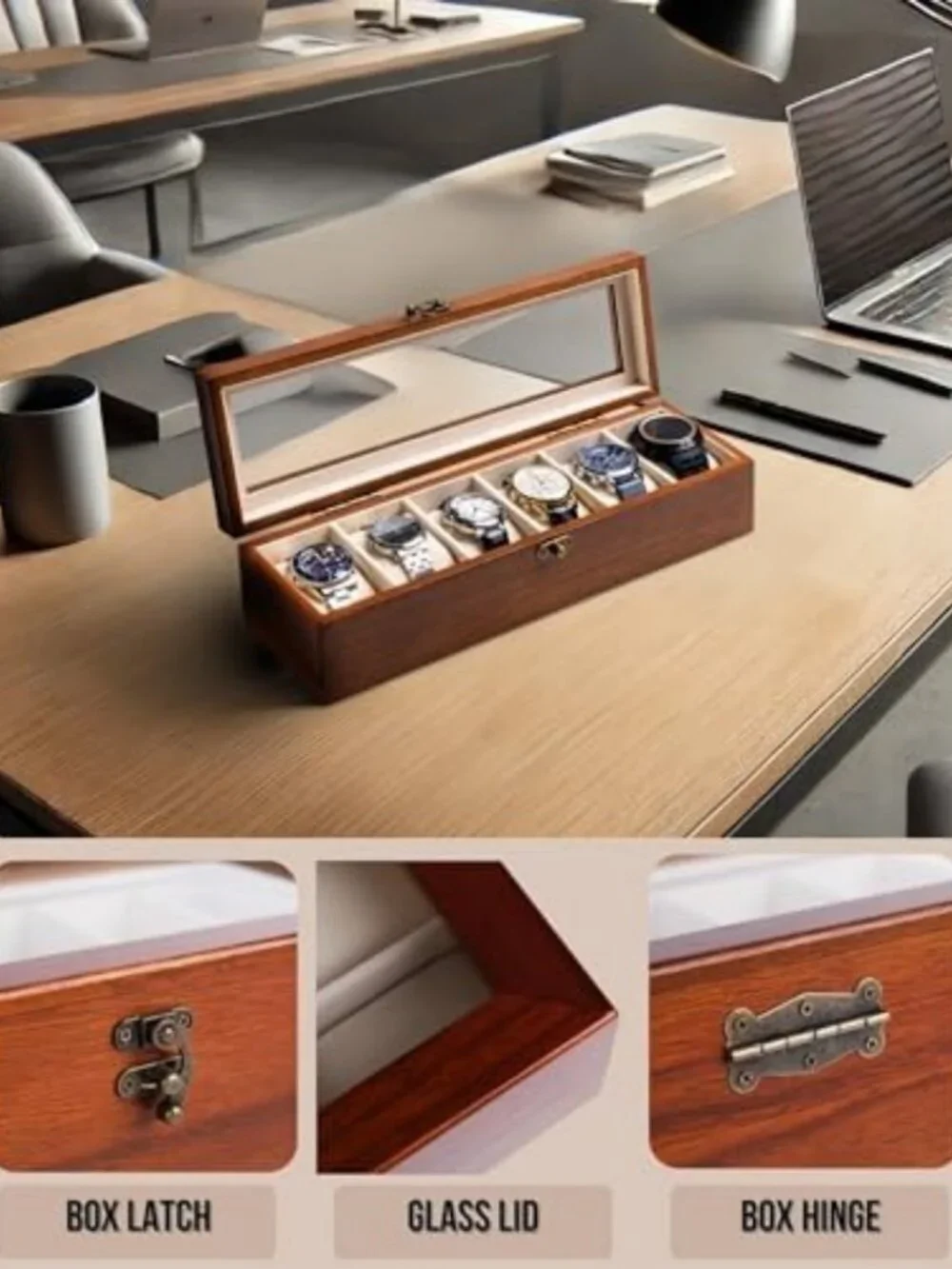 Stylish Wooden Watch Box Organizer with Glass Lid - 6-Slot Storage for Men